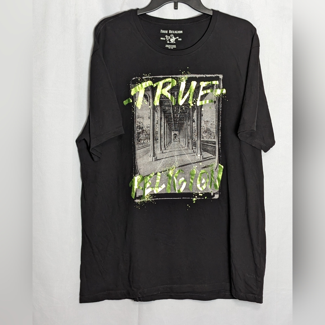 True Religion Black Green Graffiti Graphic Tshirt Xxl 100% Cotton